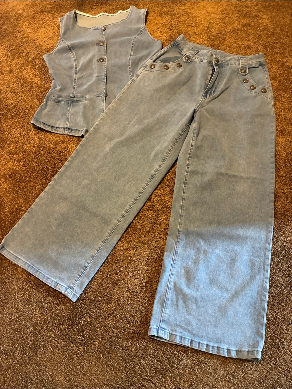 UNBRANDED. Two piece denim Light Blue Wide-Leg women’s Jeans and Vest. I’d say S